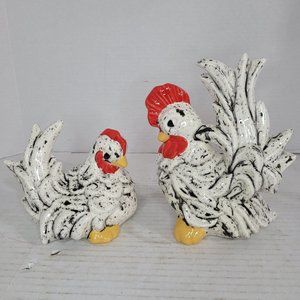 Vtg Ceramic Rooster And Hen White Black Speckled MCM Chicken Farm Bird Animal